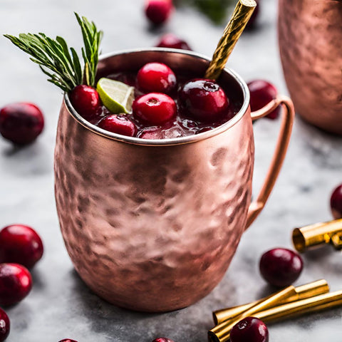 Cranberry mule drink image with lots of cranberries around