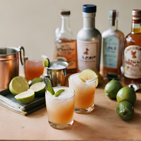 Image of row of cocktail mixers along with drinks and fruit