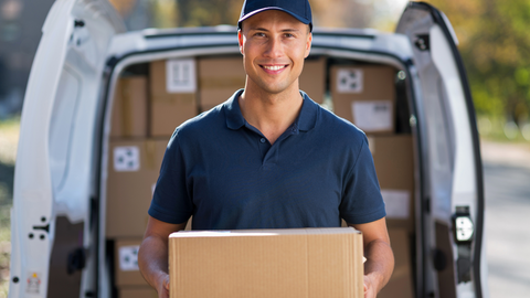 Image of delivery guy with box smiling