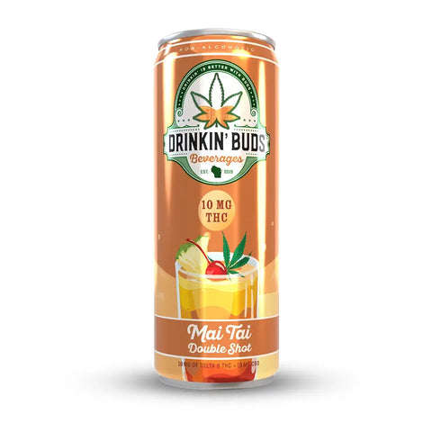 A can of Drinkin’ Buds Mai Tai Double Shot, a non-alcoholic THC-infused beverage with a tropical cocktail illustration on the front.