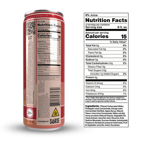 The back of a Drinkin’ Buds Rum Punch Double Shot can, displaying the nutrition facts, ingredients list, a QR code for more details, and warnings including a 21+ age restriction and THC content symbol.