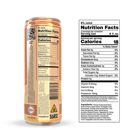 Back of a Drinkin’ Buds Mai Tai can showing nutrition facts, ingredients, and a THC warning label.