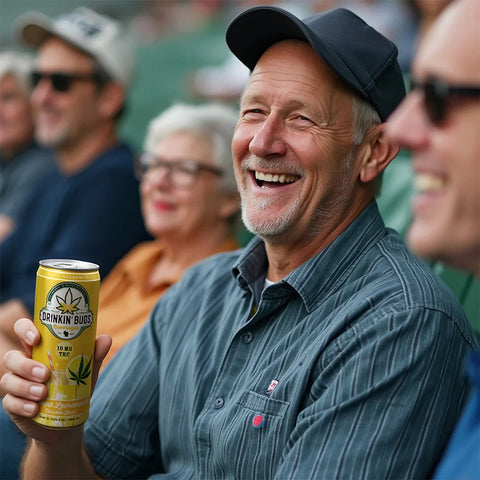 A cheerful older man in a cap and striped shirt holds a can of Drinkin' Buds Spiked Lemonade while laughing at an outdoor event, surrounded by other smiling attendees.