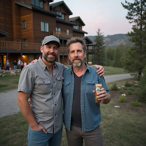 Two men pose arm-in-arm outdoors near a lodge, with one holding a Drinkin’ Buds beverage can.