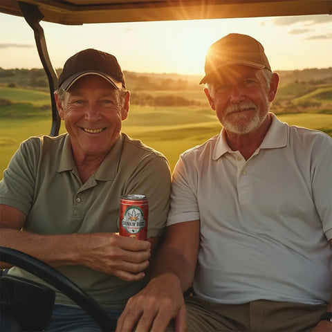 Two smiling men sit in a golf cart at sunset, with one holding a can of Drinkin’ Buds Rum Punch Double Shot, enjoying a relaxed moment on the course.