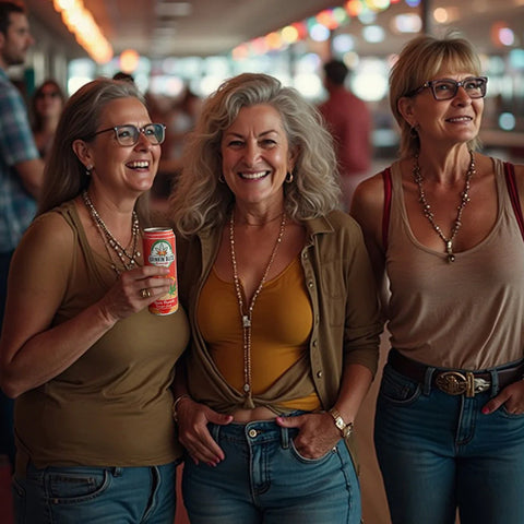 Three stylish women laugh together in a lively indoor setting with string lights, as one holds a can of Drinkin’ Buds Rum Punch Double Shot.