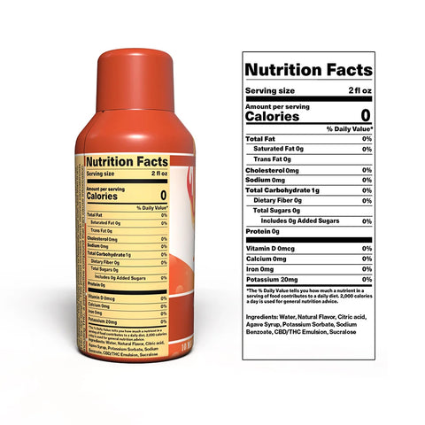 A close-up of a Drinkin’ Buds Hot Shot Cinnamon bottle showing the nutrition facts label, which highlights 0 calories, 0g sugar, 10mg potassium, and ingredients including CBD/THC emulsion, water, and cinnamon flavor.