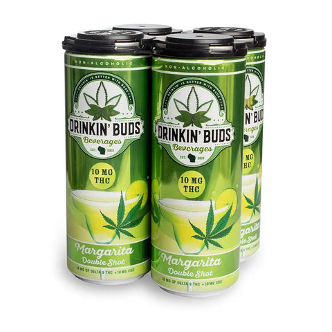 A four-pack of Drinkin’ Buds Margarita Double Shot cans, each displaying a margarita glass, cannabis leaf, and “10 MG THC” label, wrapped in vibrant green packaging with black plastic toppers.