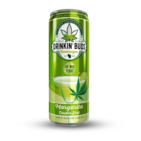 A close-up of a lime green Drinkin’ Buds beverage can labeled “Margarita Double Shot,” featuring a cannabis leaf graphic and text indicating 10mg of THC and CBD.
