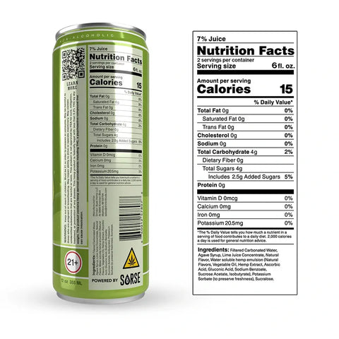 The back of a Drinkin’ Buds Margarita Double Shot can is shown with a detailed nutrition facts label, QR code, ingredients list, and a 21+ age warning.