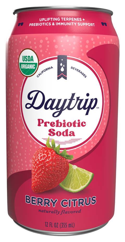 Can render of Daytrip berry citrus prebiotic soda on a white background.