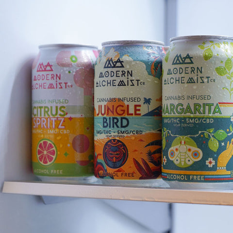 View of Modern Alchemist Jungle Bird Cannabis Infused Mocktail in the fridge. Alcohol free.