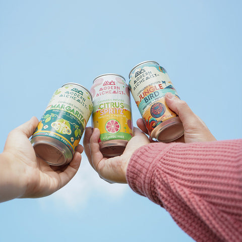 Variety Pack of Modern Alchemist Cannabis Infused Mocktails including Citrus Spritz, Jungle Bird, and Margarita. Alcohol free.
