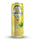 A tall, yellow can of Drinkin' Buds Spiked Lemonade featuring a cannabis leaf logo, 10mg THC labeling, and an image of a lemonade drink with ice and a straw.