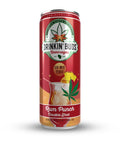 A tall can of Drinkin’ Buds Rum Punch Double Shot, a non-alcoholic THC and CBD-infused beverage, featuring a cannabis leaf logo and an illustration of a tropical rum punch cocktail with pineapple and cherry garnish.