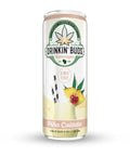 A can of Drinkin' Buds Piña Colada beverage featuring 5mg THC, with tropical fruit and cannabis leaf graphics on the label.
