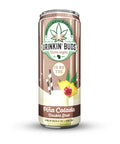 A can of Drinkin' Buds Piña Colada Double Shot featuring 10mg THC and CBD, with tropical fruit and cannabis leaf graphics on the label.