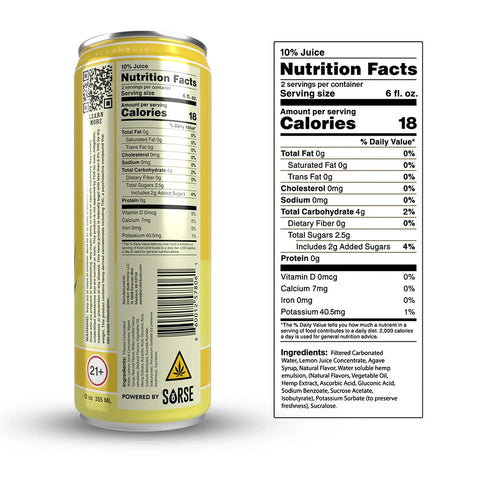 The back of a Drinkin' Buds Spiked Lemonade can, displaying the nutrition facts, ingredients list, a QR code, and a "21+" age restriction symbol.