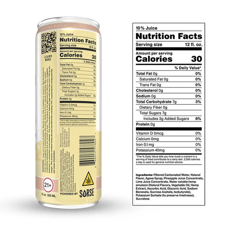 Back view of a Drinkin' Buds Piña Colada can showing nutrition facts, ingredients, and a 21+ age warning.