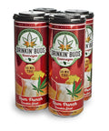 A four-pack of Drinkin’ Buds Rum Punch Double Shot cans, a non-alcoholic THC and CBD-infused beverage, featuring a cannabis leaf logo and an illustration of a tropical rum punch cocktail with pineapple and cherry garnish.