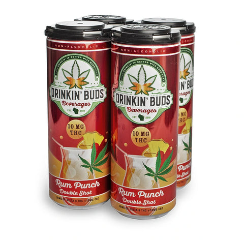 A four-pack of Drinkin’ Buds Rum Punch Double Shot cans, a non-alcoholic THC and CBD-infused beverage, featuring a cannabis leaf logo and an illustration of a tropical rum punch cocktail with pineapple and cherry garnish.