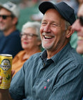 A cheerful older man in a cap and striped shirt holds a can of Drinkin' Buds Spiked Lemonade while laughing at an outdoor event, surrounded by other smiling attendees.