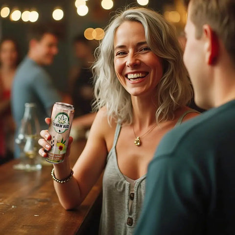 A smiling woman at a bar holds up a can of Drinkin' Buds Piña Colada Double Shot while chatting with a friend.