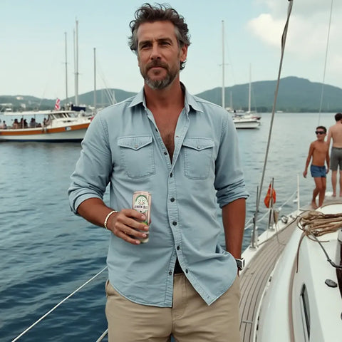 A man holding a can of Drinkin' Buds Piña Colada Double Shot stands on a sailboat, with other boats and people in the background.
