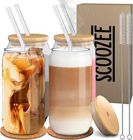 Glass Cups Sets with Bamboo Lids and Straws