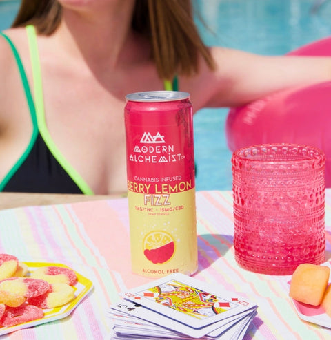 Berry Lemon Fizz Modern Alchemist Cannabis Infused Mocktail by the pool. Alcohol free. 