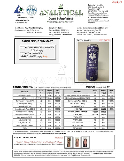 4 pack Farmers Secret Blueberry 3mg D9 THC Seltzer