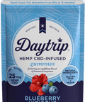 Packaging front render of Daytrip blueberry hibiscus CBD-infused gummies.