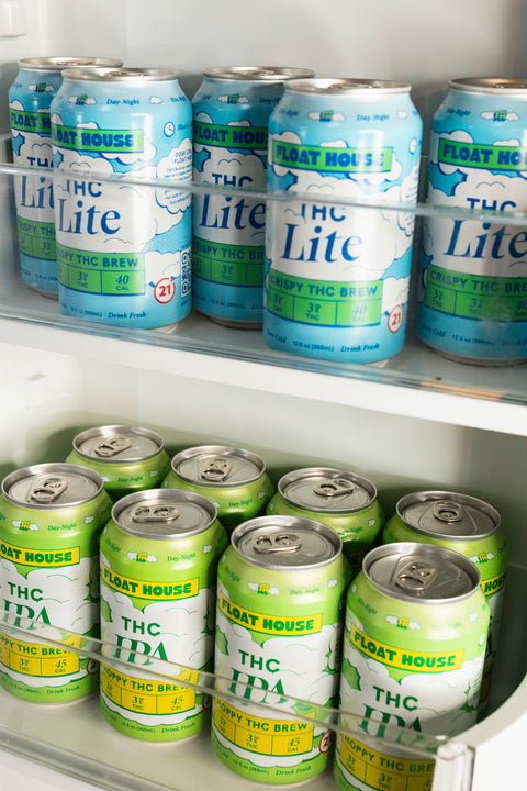 Cans of Float House THC Lite and THC IPA in a refrigerator.