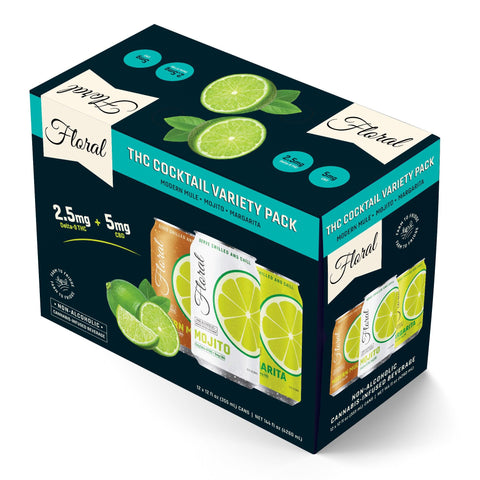 Floral THC Seltzer Variety Pack with multiple flavor options – refreshing cannabis-infused sparkling drink can lineup