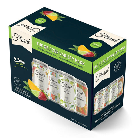 Floral THC Seltzer Variety Pack with multiple flavor options – refreshing cannabis-infused sparkling drink can lineup
