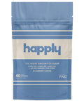 Blue and white package of Happly sleep gummies on a white background