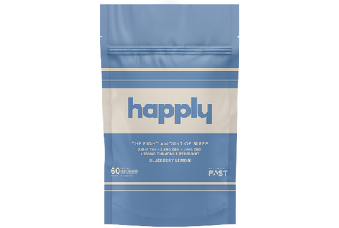 Blue and white package of Happly sleep gummies on a white background