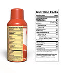 A close-up of a Drinkin’ Buds Hot Shot Cinnamon bottle showing the nutrition facts label, which highlights 0 calories, 0g sugar, 10mg potassium, and ingredients including CBD/THC emulsion, water, and cinnamon flavor.