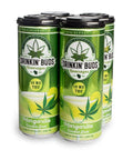 A four-pack of Drinkin’ Buds Margarita Double Shot cans, each displaying a margarita glass, cannabis leaf, and “10 MG THC” label, wrapped in vibrant green packaging with black plastic toppers.