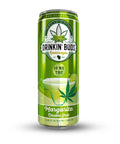 A close-up of a lime green Drinkin’ Buds beverage can labeled “Margarita Double Shot,” featuring a cannabis leaf graphic and text indicating 10mg of THC and CBD.