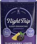 Front packaging render of Night Trip blackberry lemon melatonin-infused sleep enhancing gummies