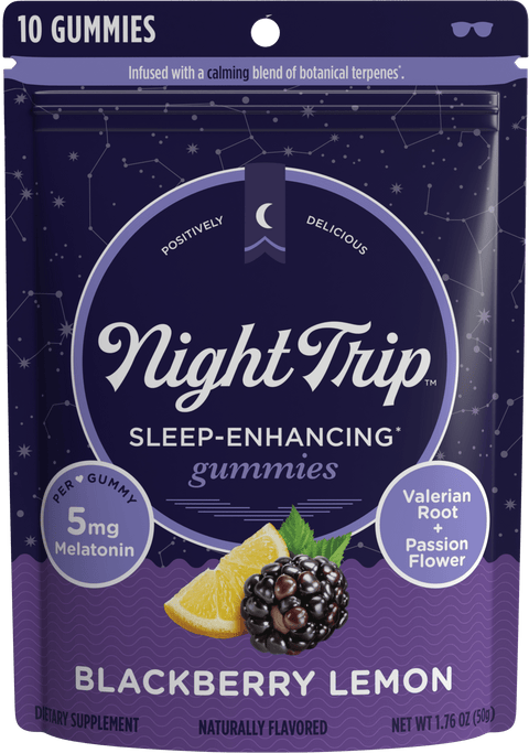 Front packaging render of Night Trip blackberry lemon melatonin-infused sleep enhancing gummies