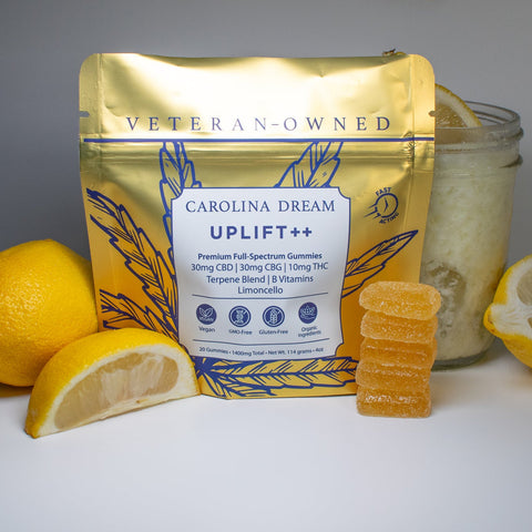 Gold package labeled 'Carolina Dream Uplift++' with lemons and a jar on a gray background