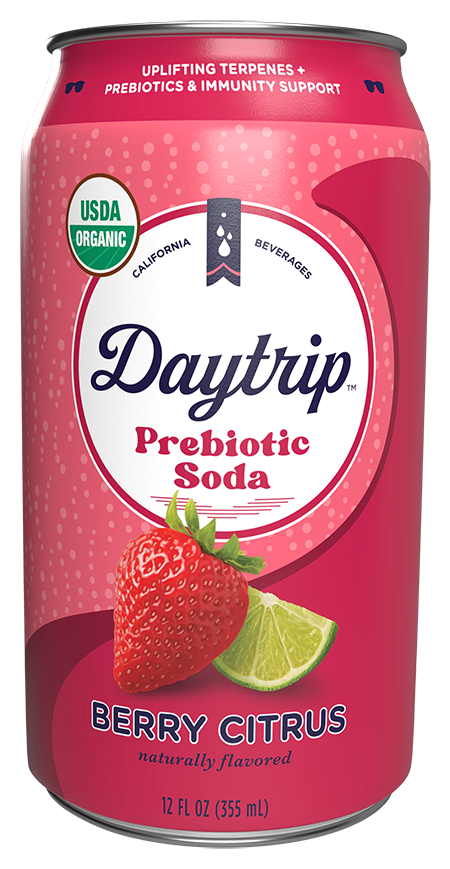 Can render of Daytrip berry citrus prebiotic soda on a white background.