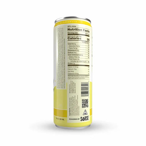 The image shows the back of a "Drinkin' Buds Beverages" can, displaying the Nutrition Facts label for a lemonade flavor. It details 35 calories per 12 oz serving, 0g fat, 8g total carbohydrates, and 0g protein, with 20% juice content. The label also features a QR code, a THC compliance warning, and the "Powered by SōRSE" logo.