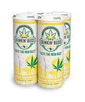 The image shows a four-pack of "Drinkin' Buds Beverages" in Spiked Lemonade flavor. The cans feature a white and yellow design with a cannabis leaf logo, the slogan "Taste the New Buzz," and illustrations of a lemonade glass with a straw, highlighting the drink's citrusy and refreshing qualities infused with 5 mg of Delta 9 THC and 5 mg of CBD.