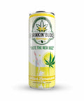 The image features a single can of "Drinkin' Buds Beverages" in Spiked Lemonade flavor, with a clean white and yellow label. The design includes a cannabis leaf, the slogan "Taste the New Buzz," and a depiction of a lemonade glass with a straw, highlighting the drink's citrus and refreshing profile infused with 5 mg of Delta 9 THC and 5 mg of CBD.
