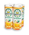 The image features a four-pack of "Drinkin' Buds Beverages" in Mai Tai flavor. The cans are decorated with tropical imagery, including a cannabis leaf, the slogan "Taste the New Buzz," and a Mai Tai cocktail illustration, emphasizing a fruity, infused experience.