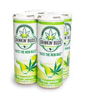 The image shows a four-pack of "Drinkin' Buds Beverages" in Margarita flavor, with a white and green design. The cans display a cannabis leaf logo, the slogan "Taste the New Buzz," and an illustration of a margarita glass with a lime wedge, emphasizing the drink's refreshing, citrusy profile infused with 5 mg of Delta 9 THC and 5 mg of CBD.