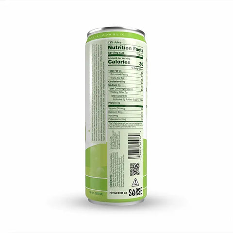 The image shows the back of a "Drinkin' Buds Beverages" Margarita can, featuring a Nutrition Facts label with 30 calories per 12 oz and 13% juice content. It includes a QR code, THC warning, and "Powered by SōRSE" branding.